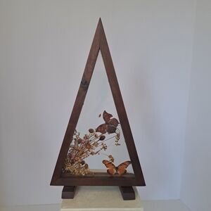 Triangular Wood & Glass Display Case with Dried Botanicals and Butterflys
